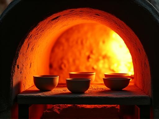 The glowing interior of a pottery kiln during firing.