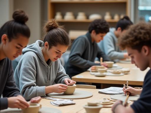 Students learning pottery in a workshop.